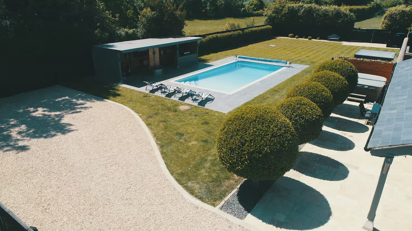Aerial view of Ingleby Retreat, its private grounds and swimming pool